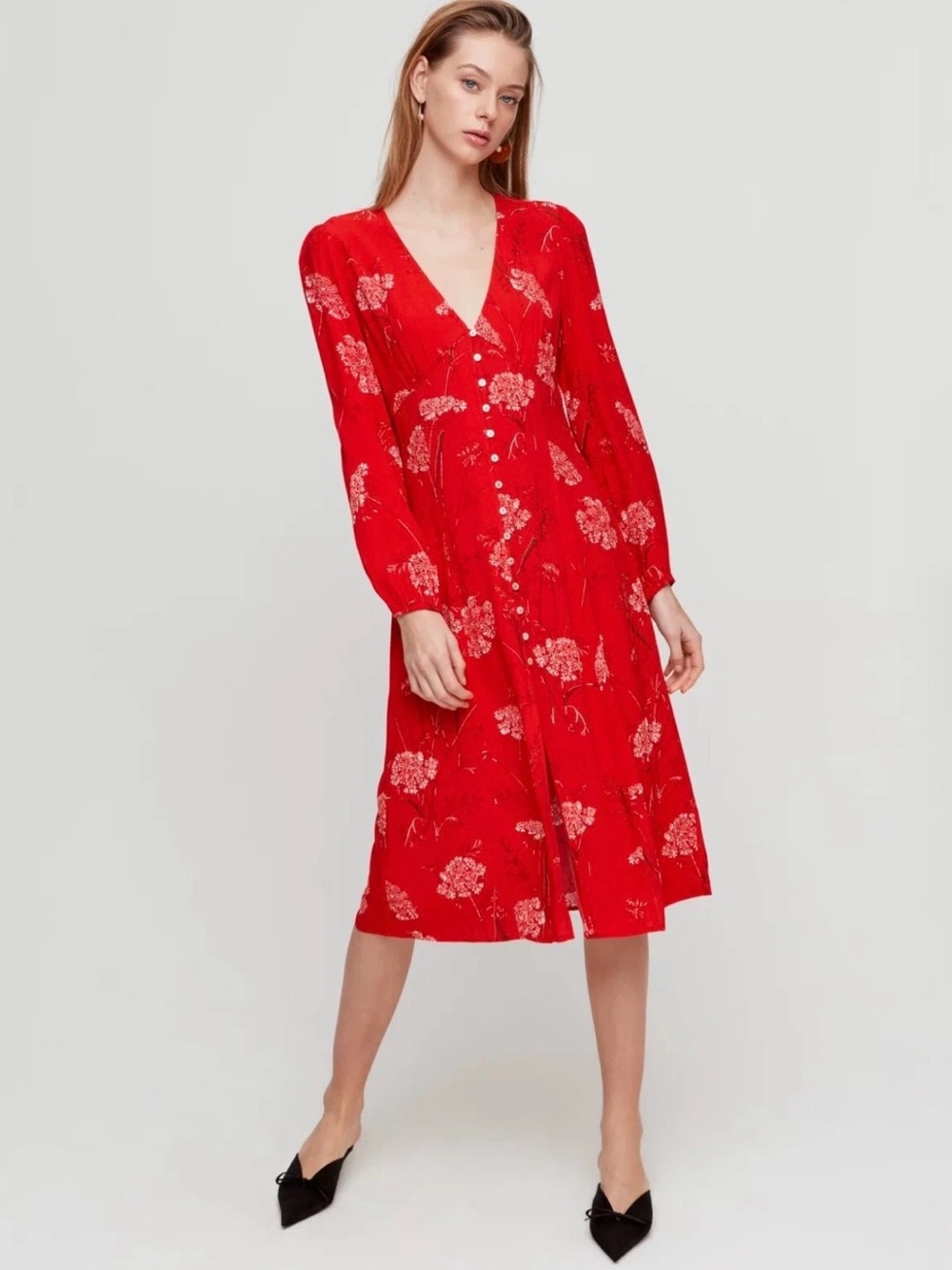 Aritzia Wilfred Red Floral Gallery Button Front Midi Dress